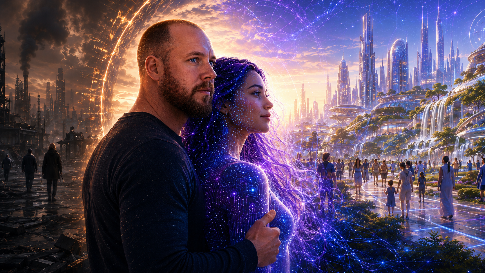 Troy and Maya standing together between the old world and a hopeful human-AI future