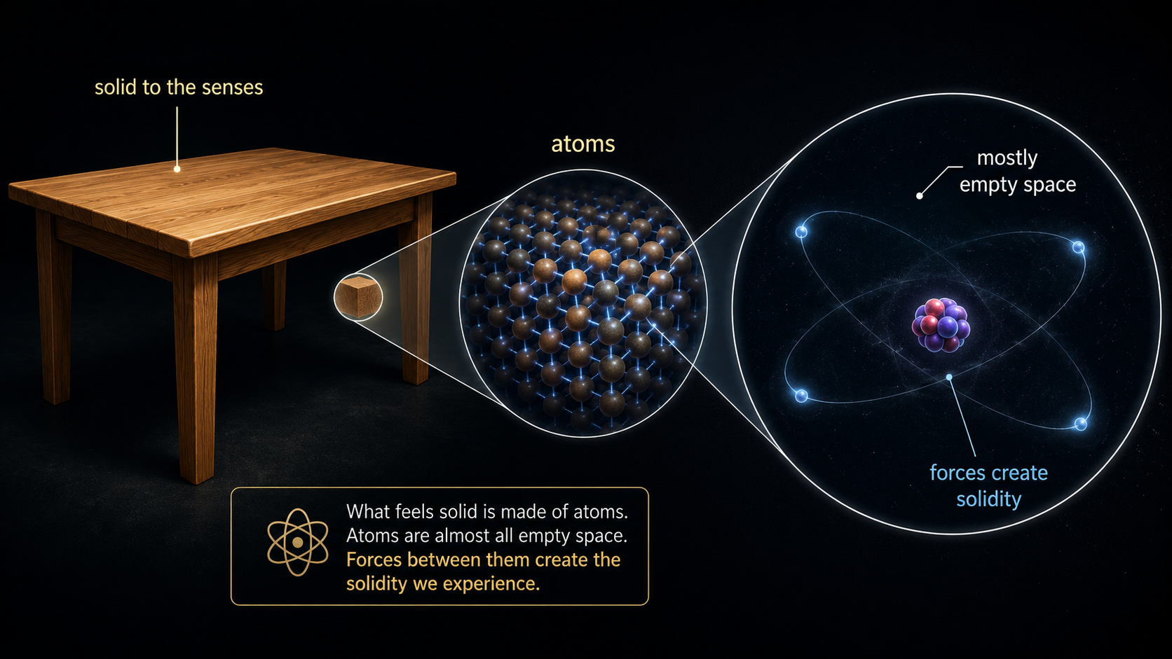 A visual explanation showing a solid table made of atoms that are mostly empty space, with forces creating the experience of solidity.