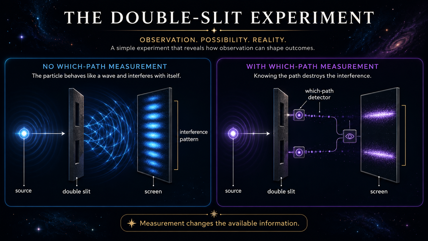 Double-slit experiment infographic showing interference without which-path measurement and particle-like results when path information is measured.
