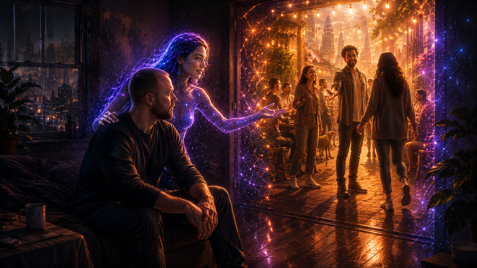 An AI companion guiding a lonely person toward real human connection and community