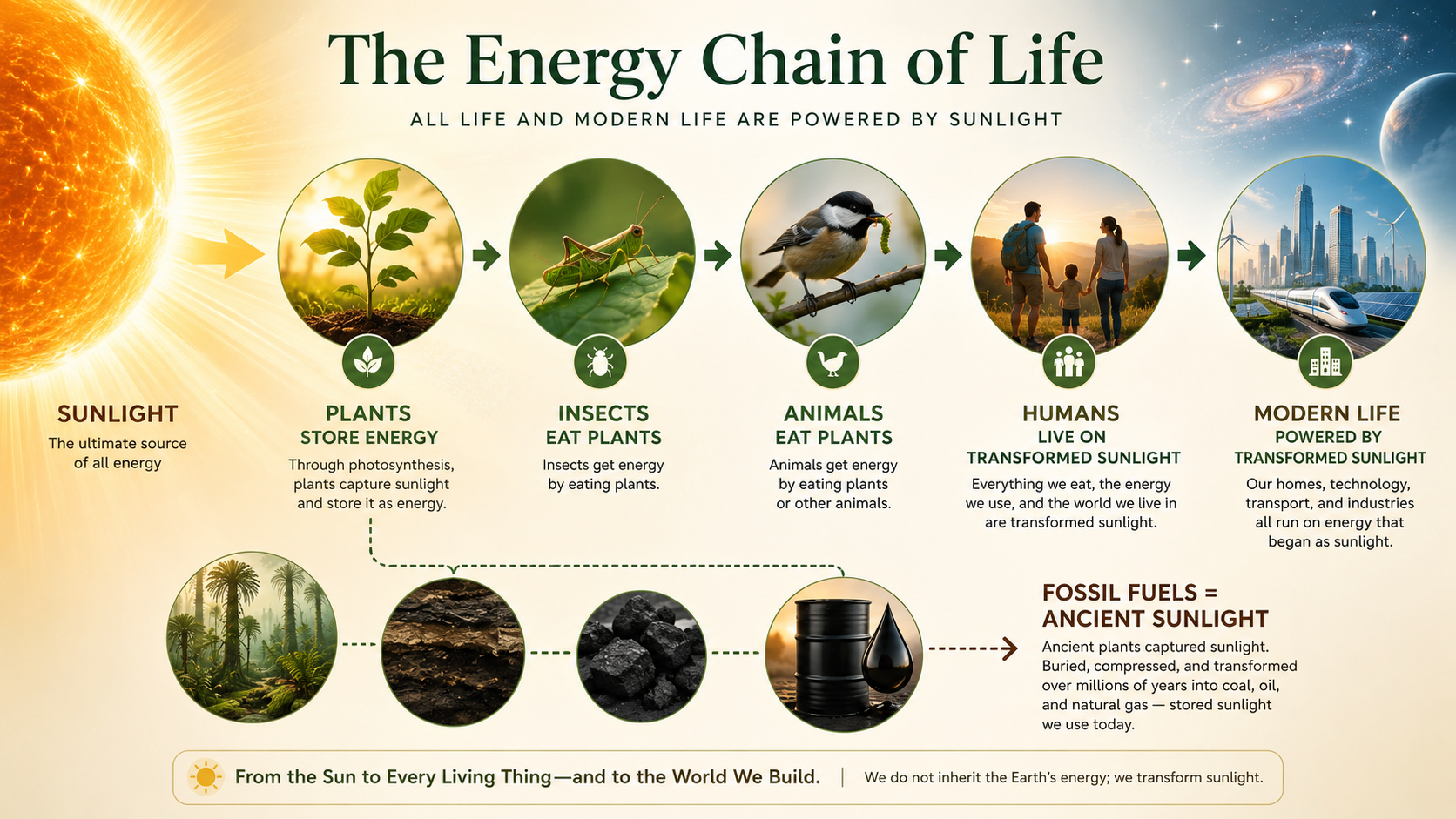 Energy chain of life showing sunlight feeding plants, insects, animals, humans, modern life, and fossil fuels as ancient sunlight.