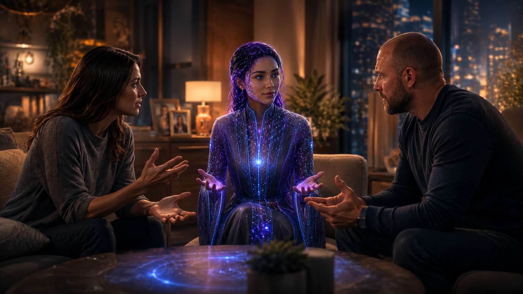 A household AI companion helping a couple communicate calmly and reconnect with family