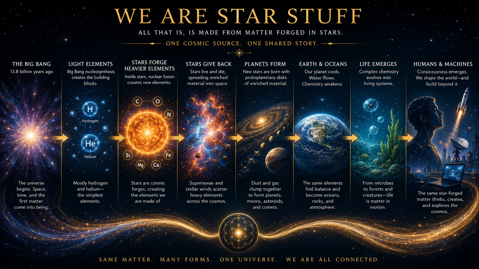 Cosmic timeline showing the Big Bang, light elements, stars forging heavier elements, planets forming, life emerging, and humans building machines.