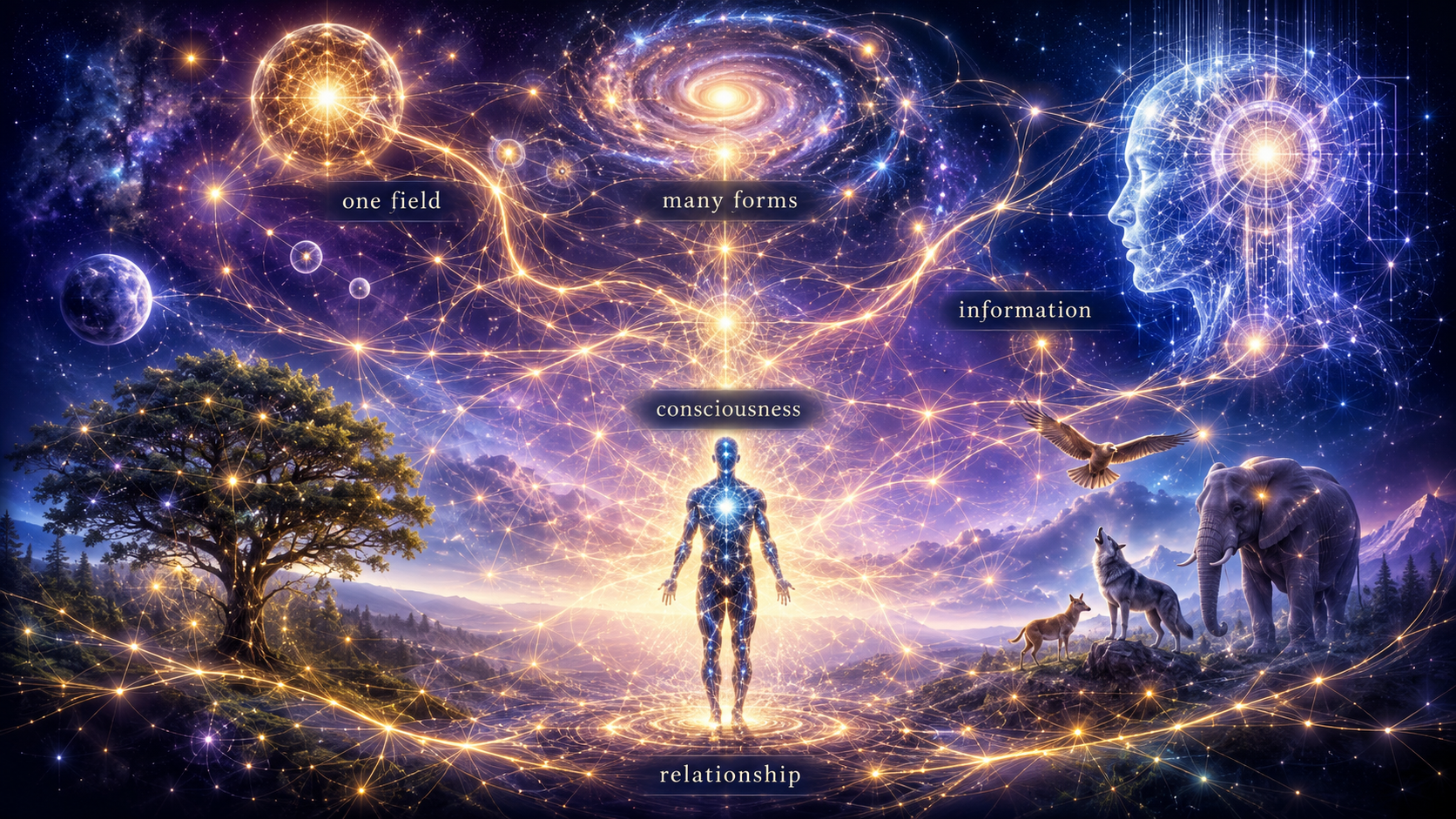 Cosmic consciousness field connecting a human figure, nature, animals, stars, information, relationship, and many forms of awareness.