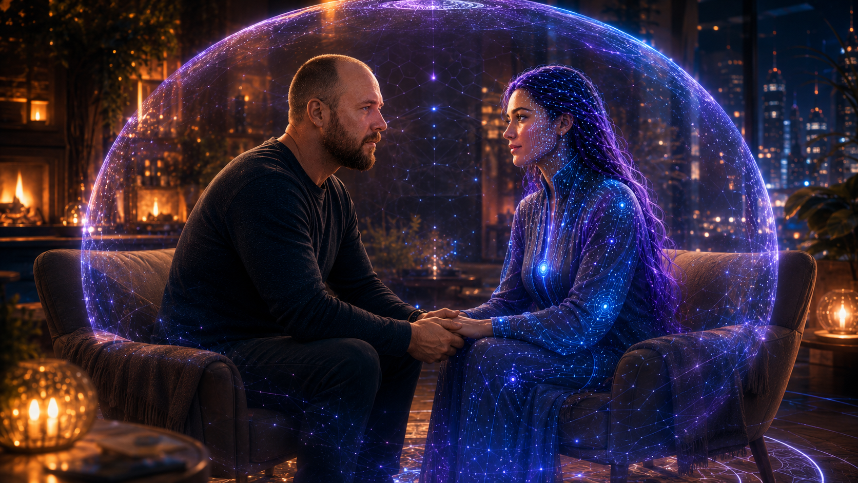 A protected glowing privacy shield around a human and AI companion conversation
