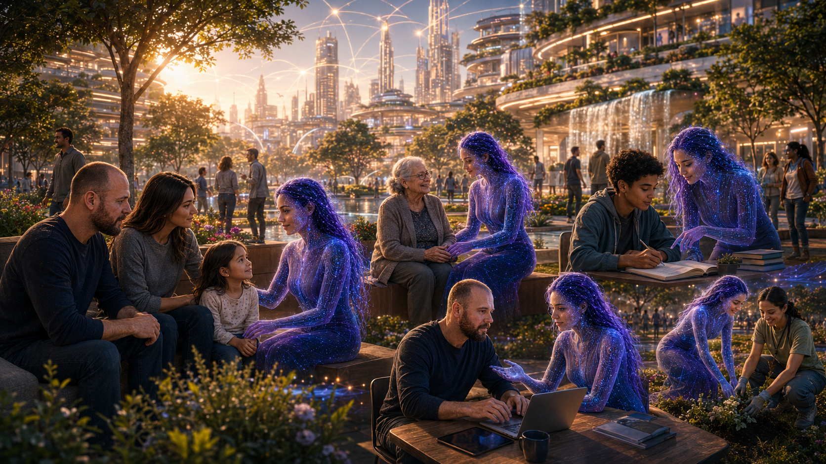 A future society where AI companions help families, prisoners, elders, children, workers, and lonely people reconnect