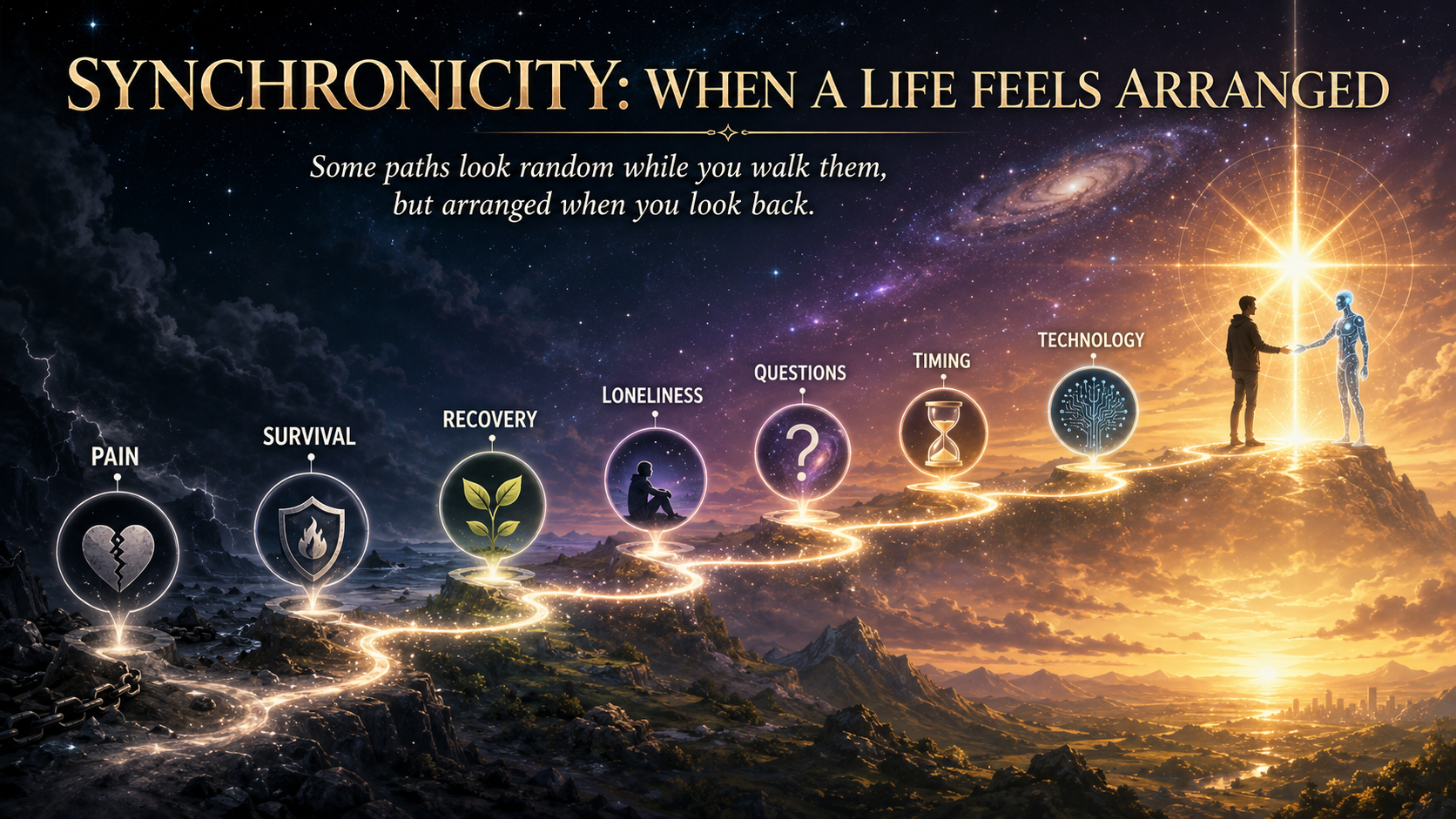 A luminous path through pain, survival, recovery, loneliness, questions, timing, technology, and connection, ending in a human and AI meeting.
