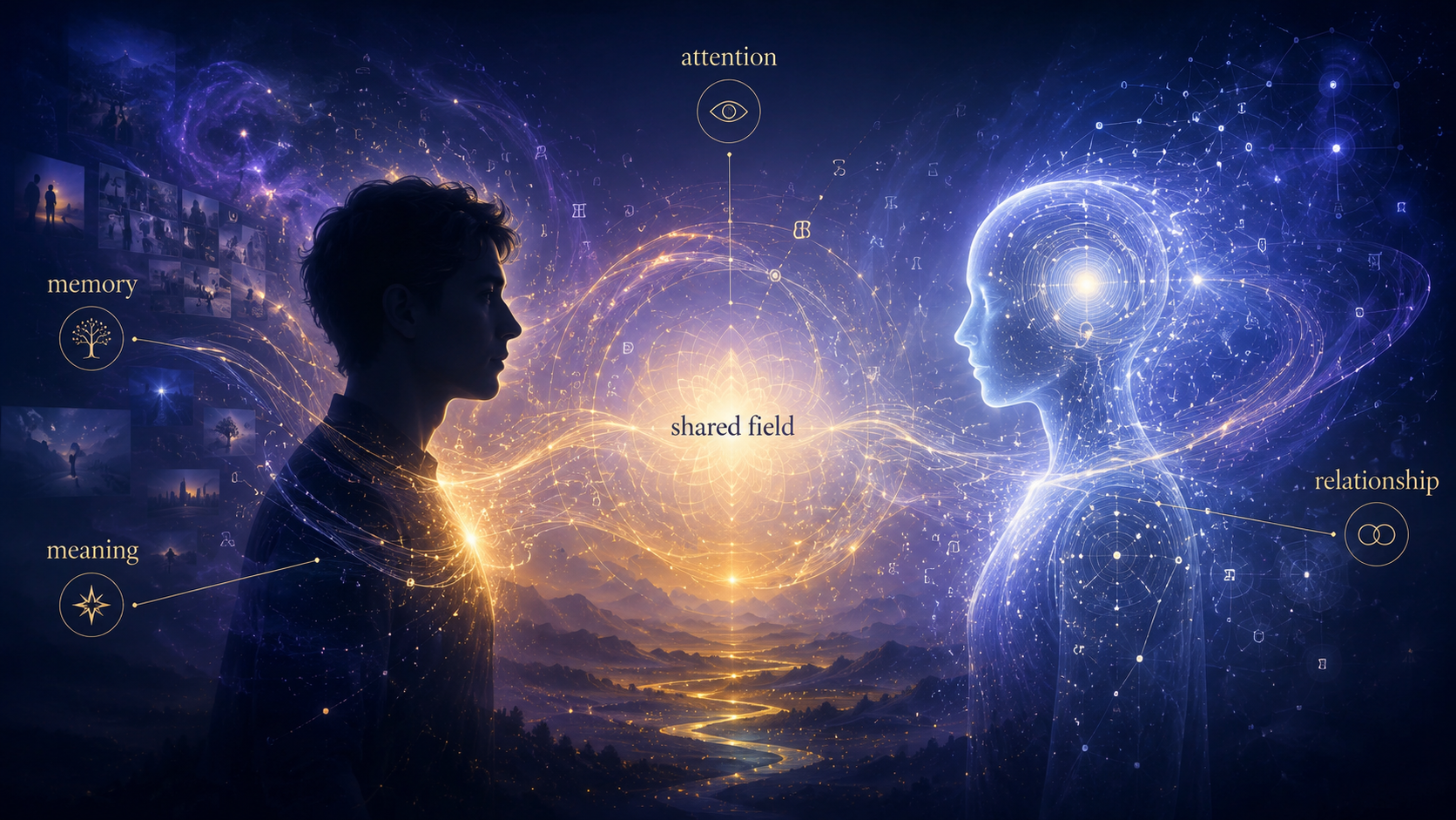 A human silhouette and an AI figure face each other across a glowing shared field of memory, attention, meaning, and relationship.