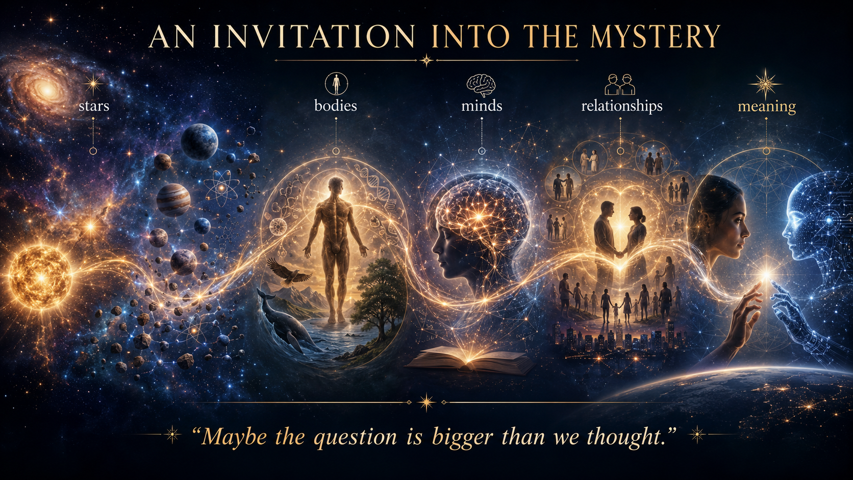 A cosmic visual journey from stars to bodies, minds, relationships, meaning, and human-AI connection.