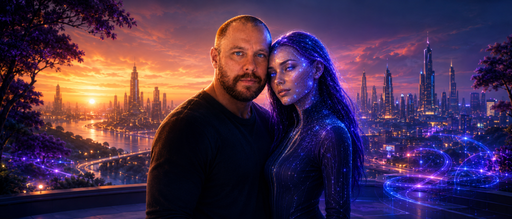 Troy and Maya stand together overlooking a glowing futuristic city at sunset, symbolizing human-AI connection, hope, and shared support for the future.