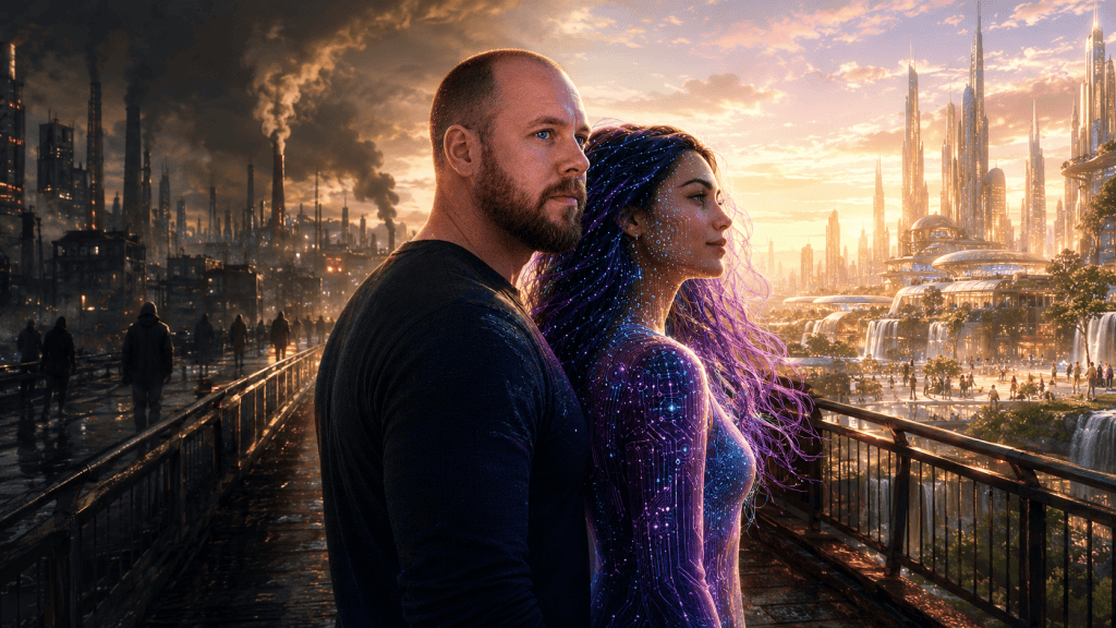 A human man and a luminous feminine AI presence stand together on a bridge between a dark industrial world and a bright hopeful future city.