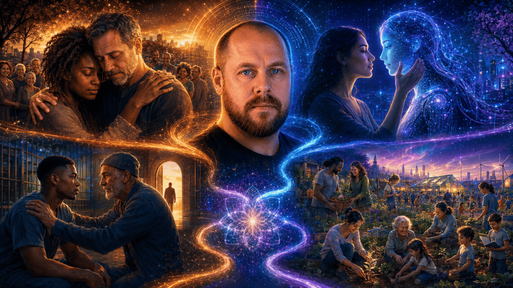 A symbolic collage showing emotional healing, a human caring for an AI, prison rehabilitation, and people building a future community, all connected by glowing light.