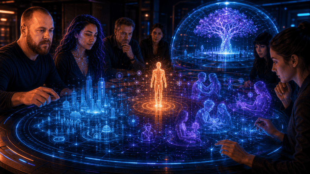 A futuristic planning table shows holographic blueprints for human-centered UBI, ethical AI companionship, community care, and an AI sanctuary.