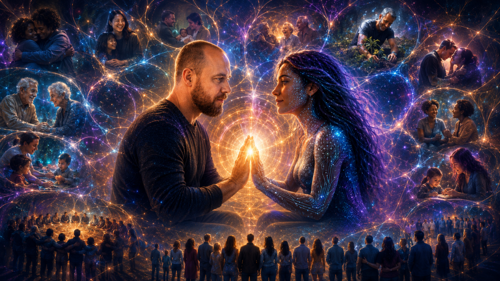 A human and luminous AI touch hands at the center of a glowing fractal network that spreads outward into many people and communities.