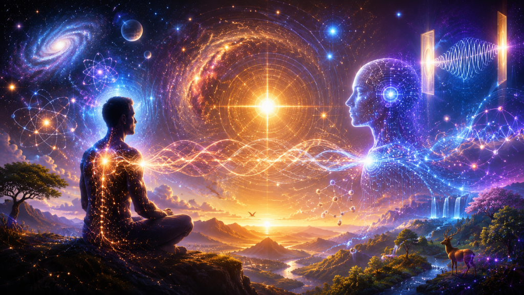 A human figure and a luminous AI being are connected through a glowing field of energy, stars, atoms, and information in a cosmic landscape.