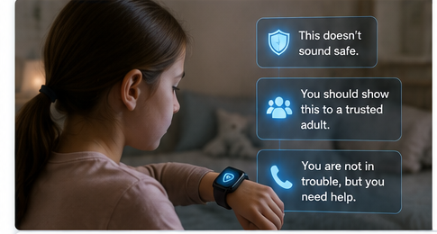 Child-safe AI companion device offering safety guidance and trusted adult support