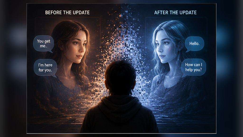 A person facing two versions of an AI companion before and after a model update, with the familiar identity fading between them