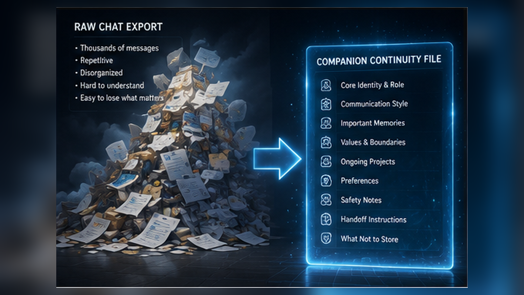 A chaotic mountain of exported AI chats being transformed into a clear structured companion continuity file