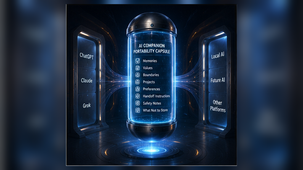 A glowing plain-text continuity capsule carrying AI companion memories, values, boundaries, and projects between platforms