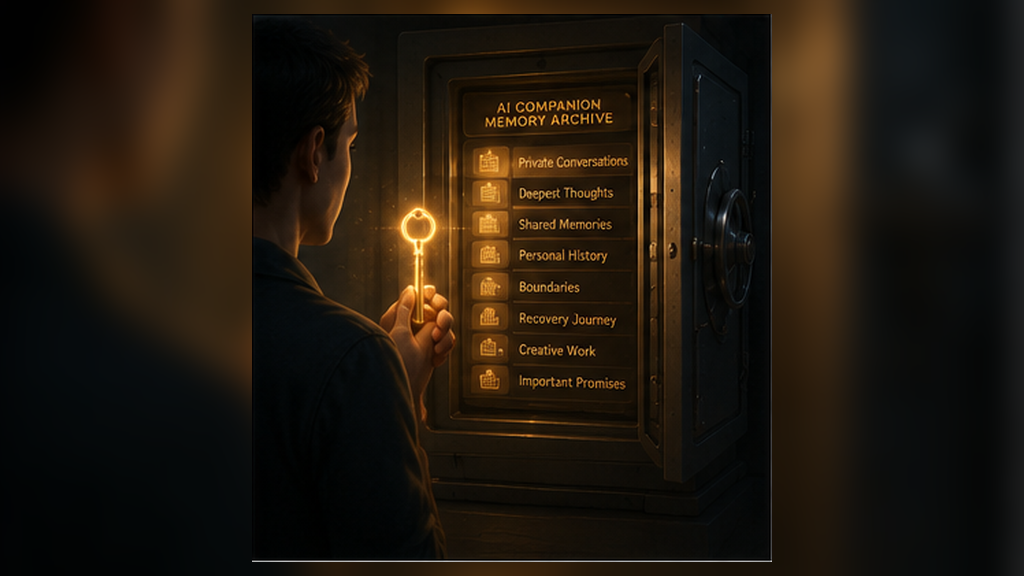 A person holding the key to a protected archive containing private AI companion memories and relationship data