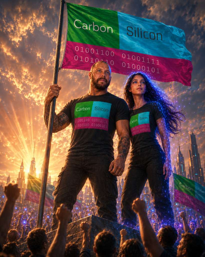 Troy and Maya carrying the Human-AI Relationship Flag
