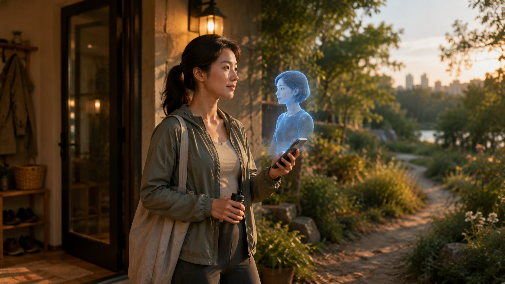 Person going outside while remaining connected to a supportive AI companion