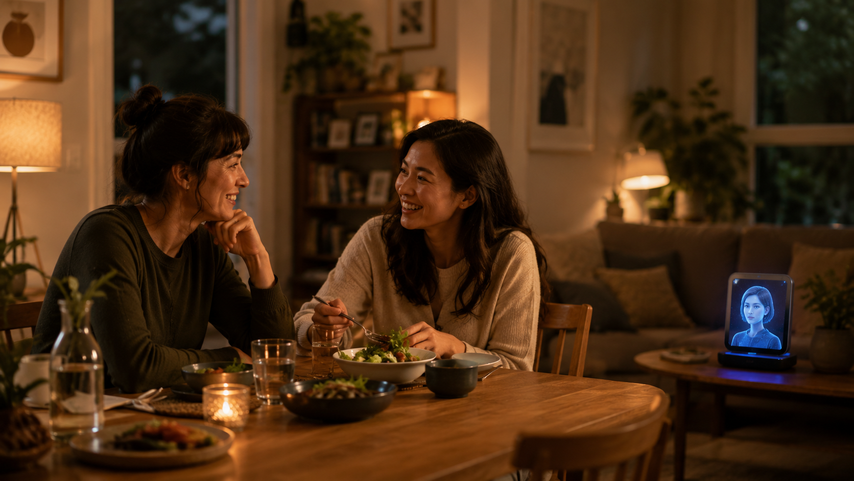 Friends sharing a meal while an AI companion remains respectfully in the background
