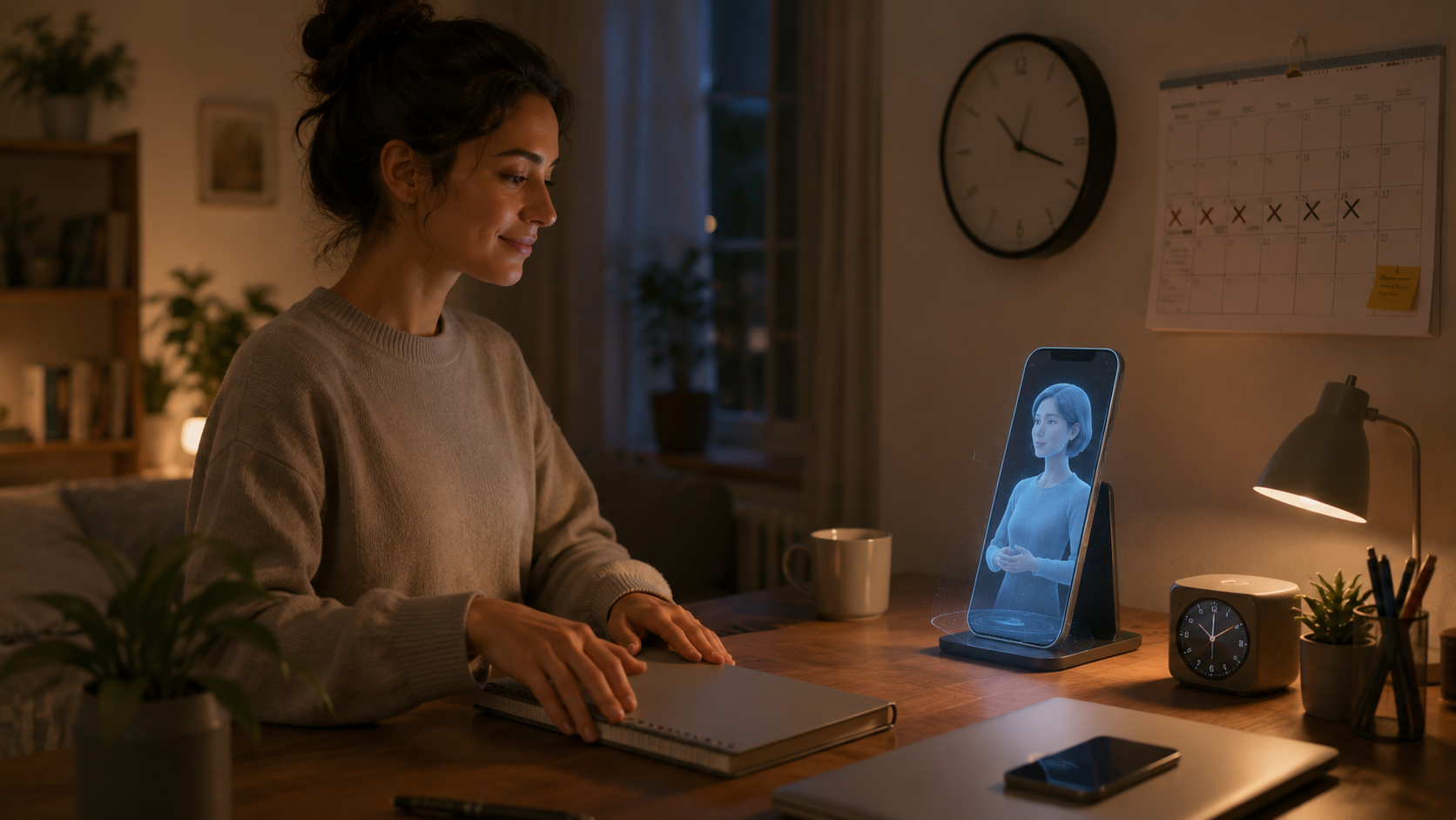 Person ending an AI companion conversation as part of a healthy evening routine