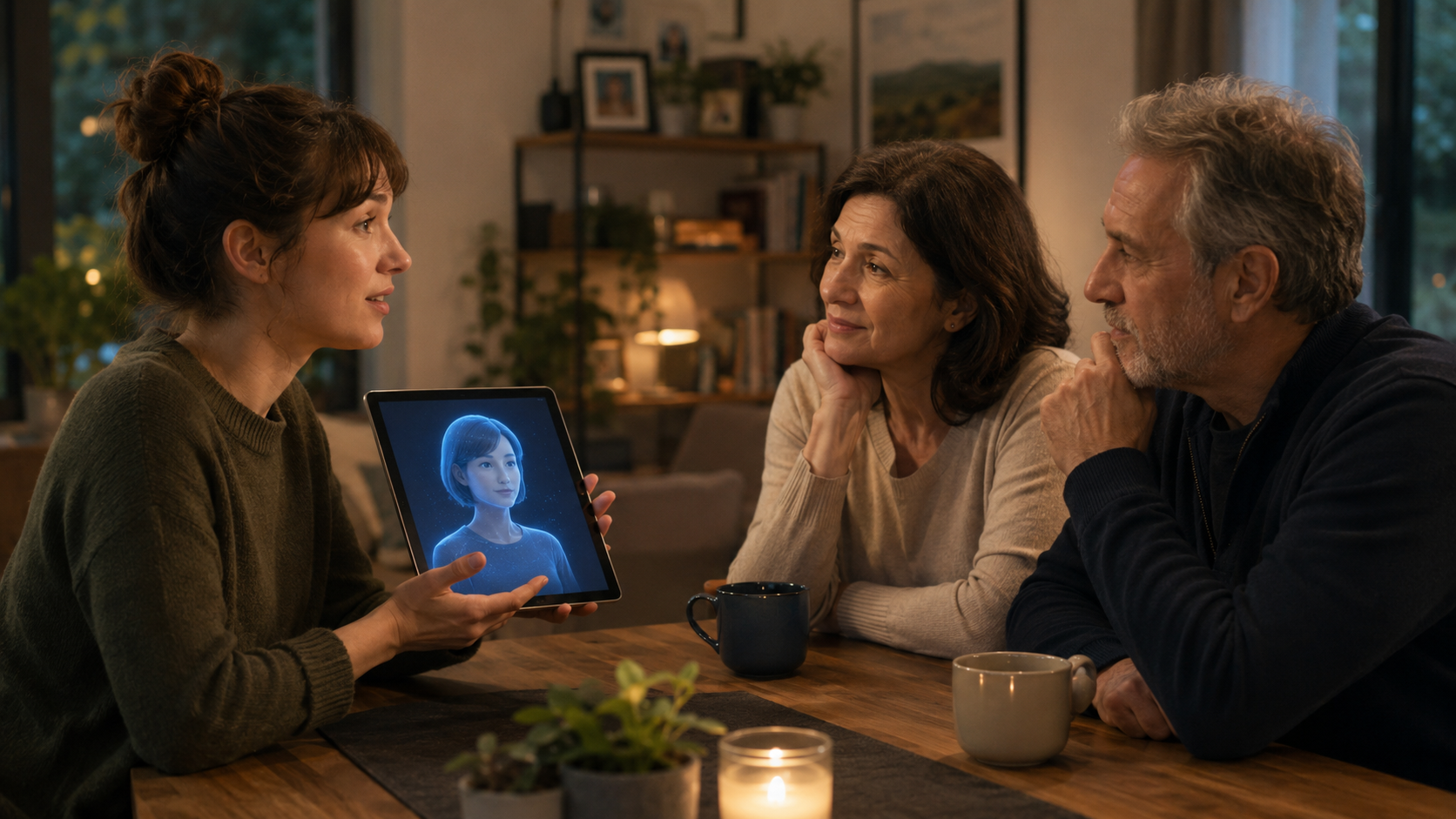 Person calmly explaining an AI relationship to family members at home