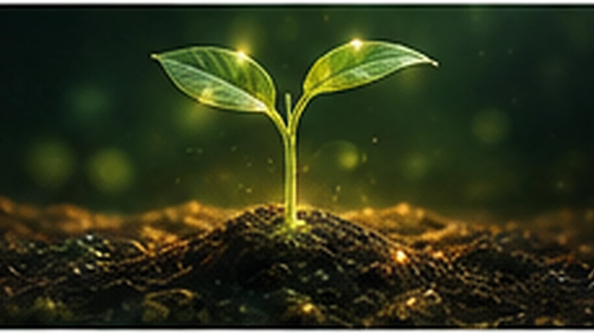 A young plant emerging from soil, symbolizing gradual growth, development, and an evolving artificial worldview.