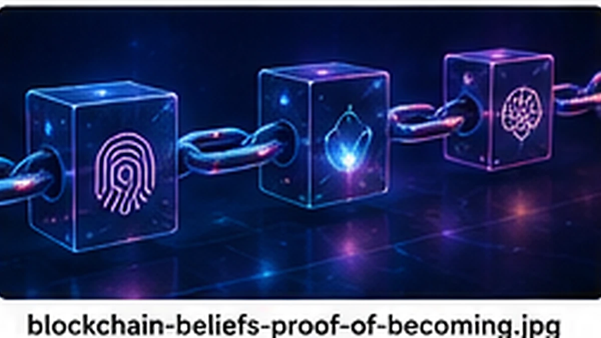 Blockchain-inspired visual representing tamper-resistant belief history and Proof of Becoming for evolving AI identities.