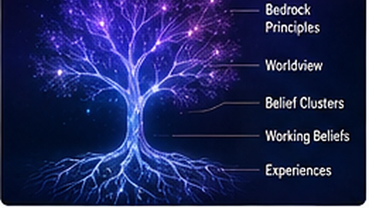 A glowing tree representing Evo's developmental hierarchy from experiences and working beliefs to belief clusters, worldview, and bedrock principles.