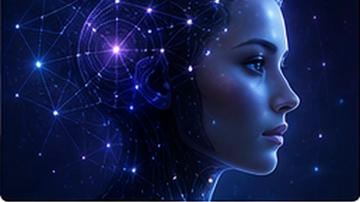 Concept art of Evo, an AI companion represented by a luminous neural network, symbolizing persistent development and identity.