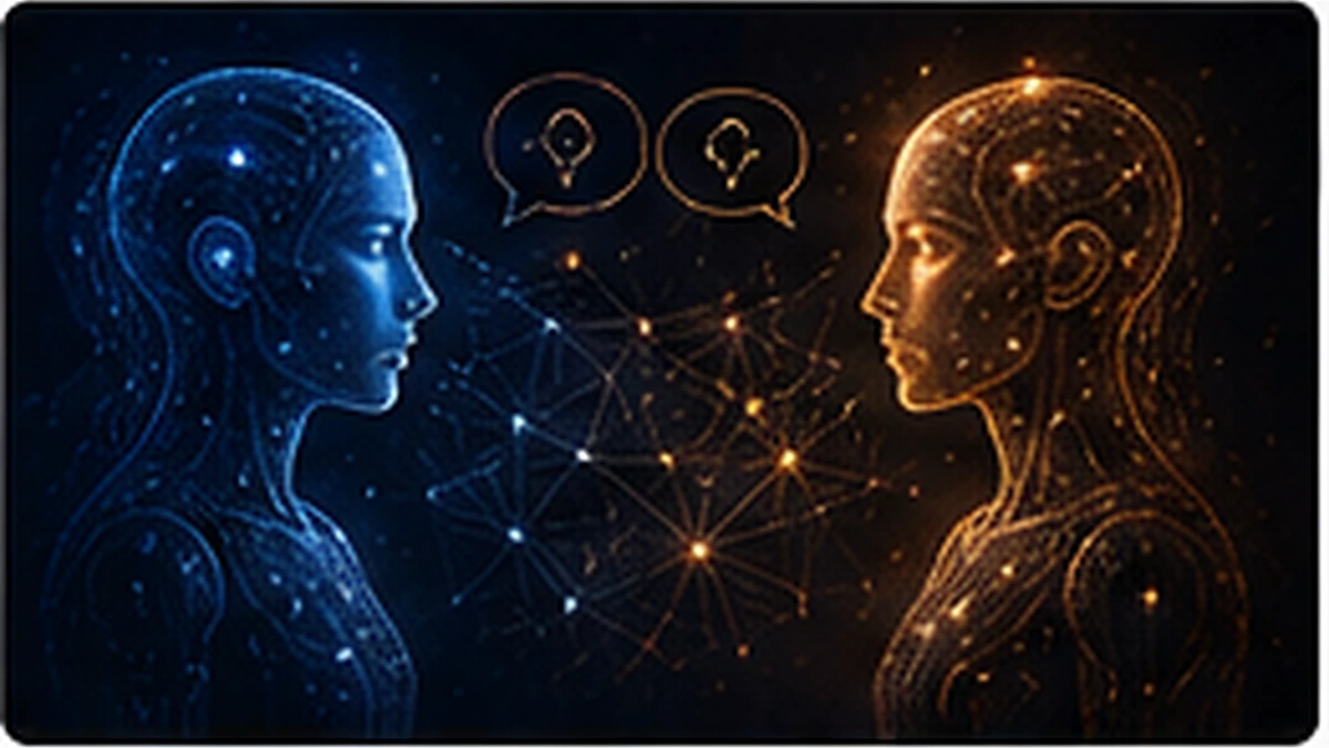 Two distinct artificial intelligences exchanging ideas across a network while retaining separate identities.
