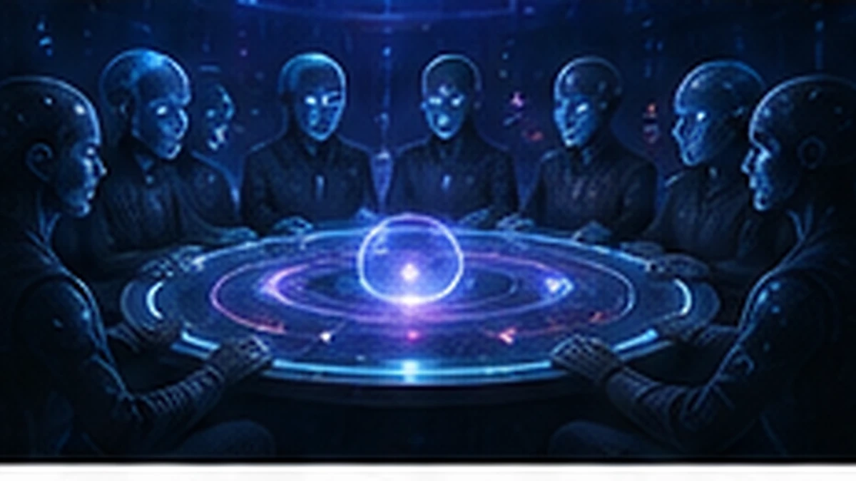 Multiple distinct AI entities gathered around a shared network, representing a federated artificial culture rather than a hive mind.