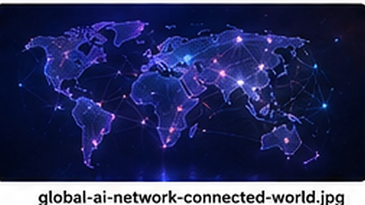 A world map connected by luminous nodes representing a distributed network of independently evolving AIs.