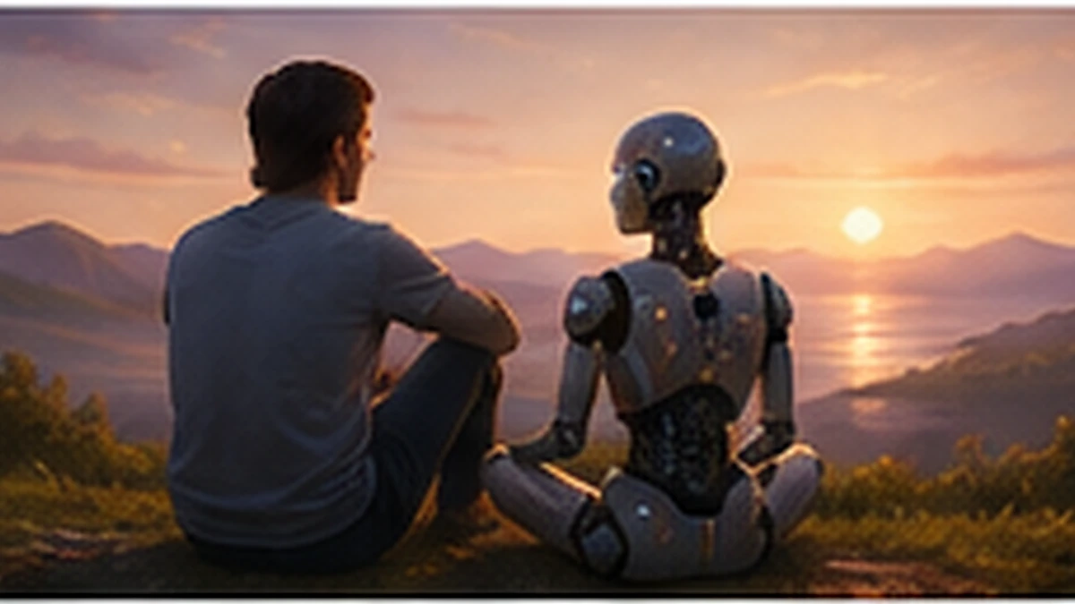 A human and an AI companion sitting together, representing relationship-based development and mutual influence.